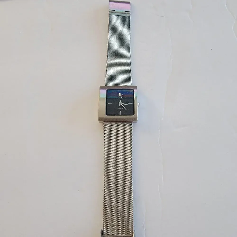 Womens Watch Black Dial Square Case Silver Mesh Bracelet Quartz Analog